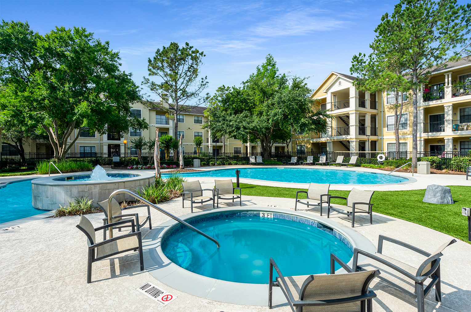 Apartment Building Exterior with Pool Deck and Seating